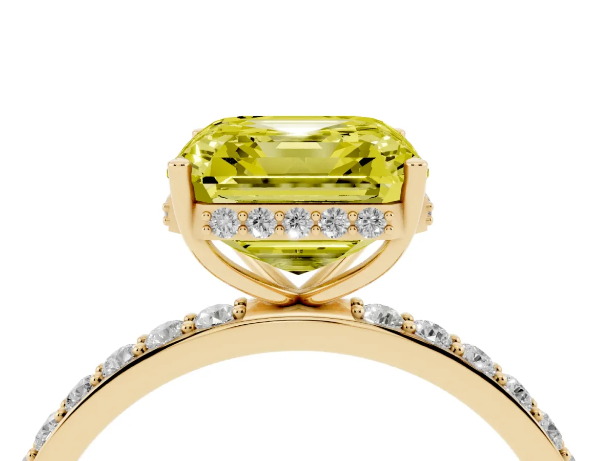 Fancy Yellow Asscher Cut Diamond Solitaire Ring with Pavé Band and Hidden Halo Yellow gold