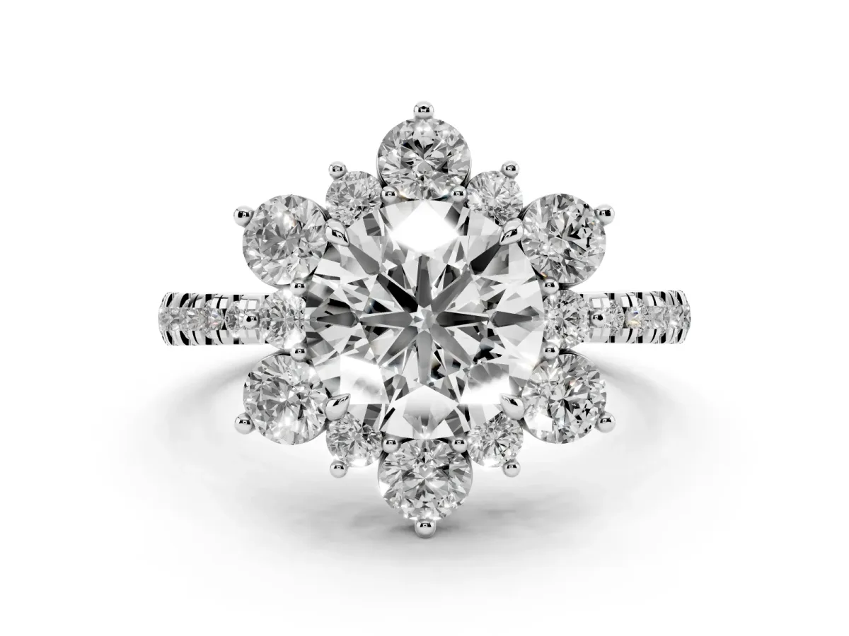 Round Cut Diamond Floral Halo Ring with Round Pavé Band and Prong Setting White gold