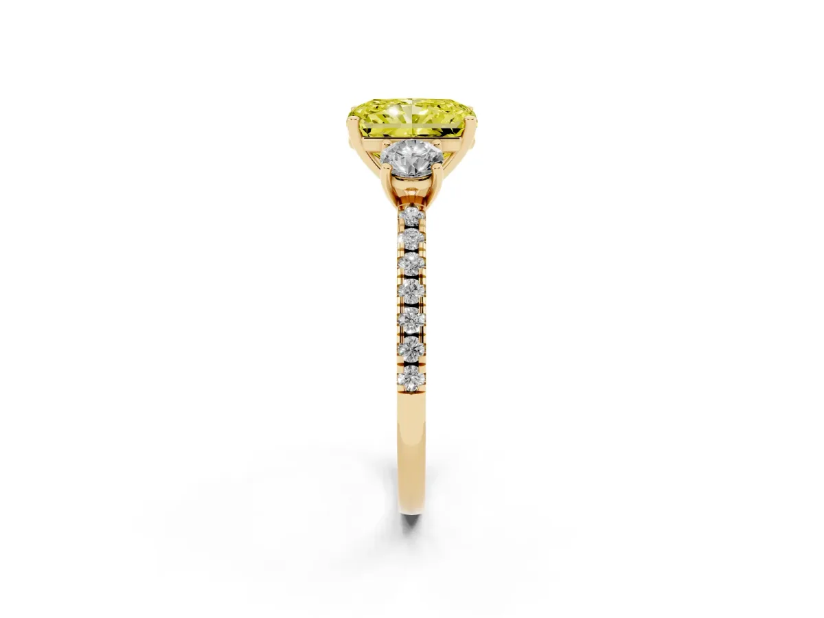 Fancy Yellow Three-Stone Radiant Cut Cut Diamond Pavé Band with Prong Setting Yellow gold