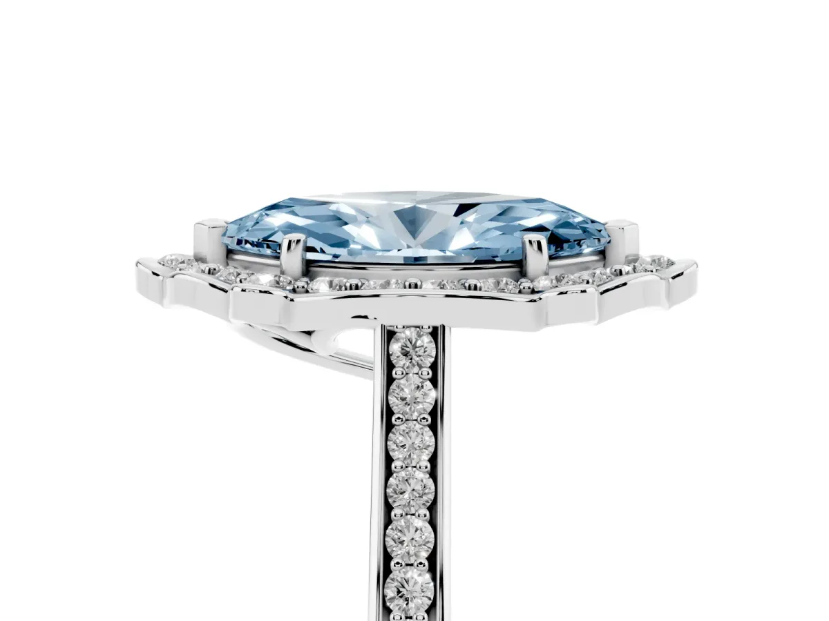Fancy Blue Marquise Cut Halo Round Diamond Pave Band with Four-Prong Setting White gold