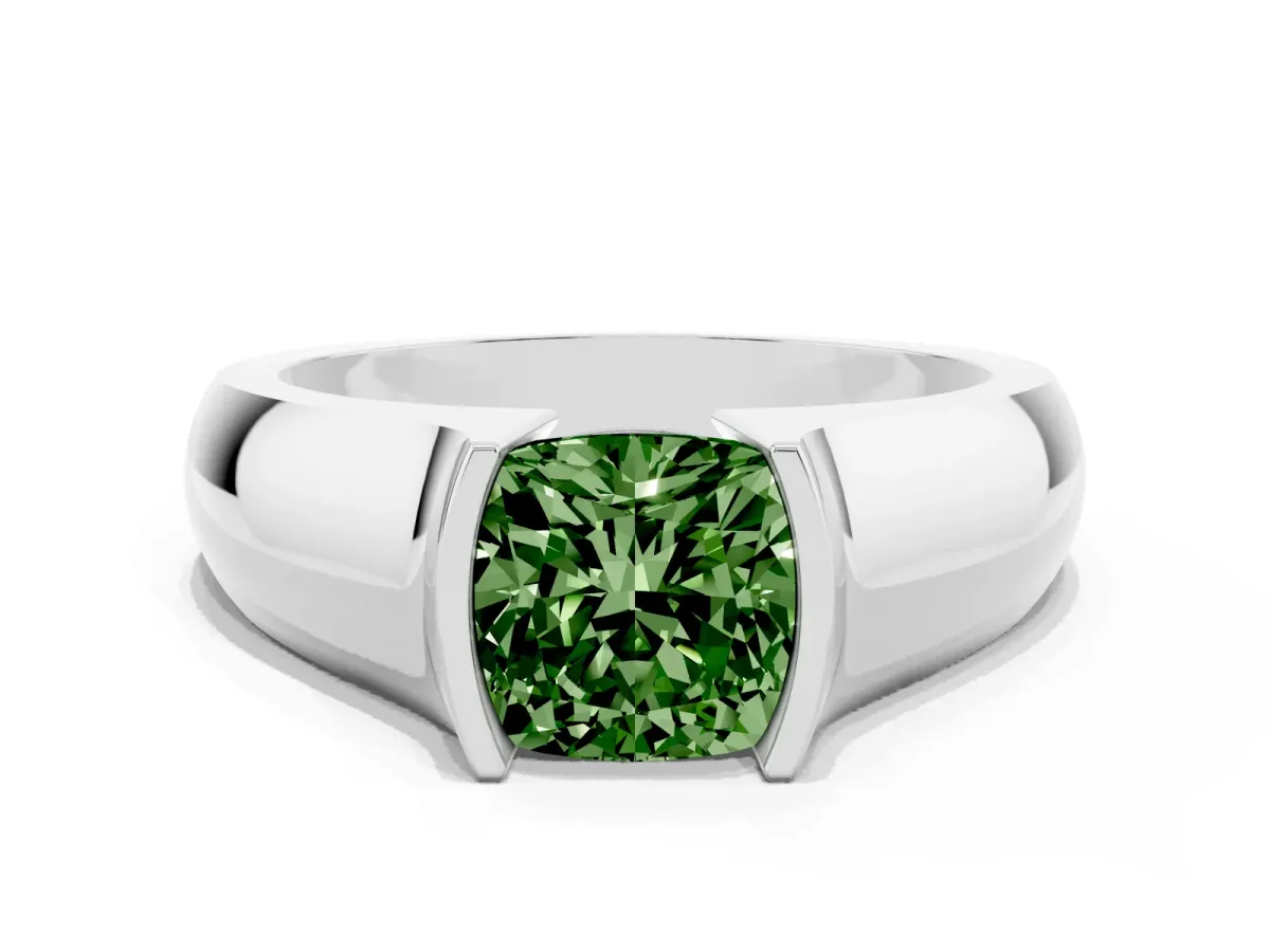 Fancy Green Cushion Cut Solitaire Bezel Set Diamond Ring with Wide Band Silver