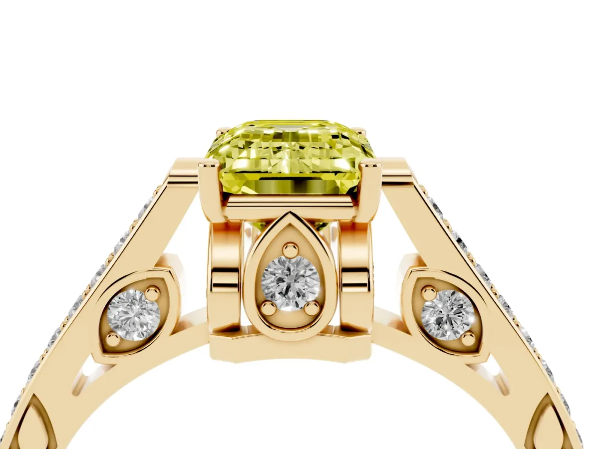 Fancy Yellow Emerald Cut Cut Cathedral Pave Diamond Engagement Ring with Six-Prong Setting Yellow gold