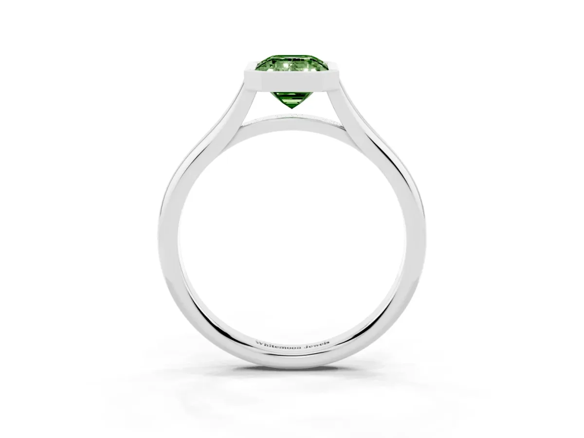 Fancy Green Bezel Set Emerald Cut Cut Solitaire Ring with Tapered Band Silver