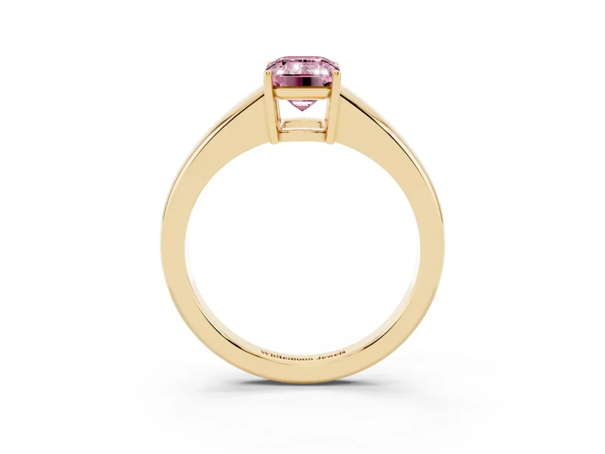 Fancy Pink Emerald Cut Solitaire Diamond Ring with Tapered Band and Four-Prong Setting Yellow gold