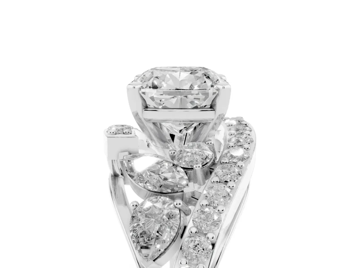 Cushion Cut Diamond Halo Ring with Marquise and Pavé Band in Prong Setting Silver
