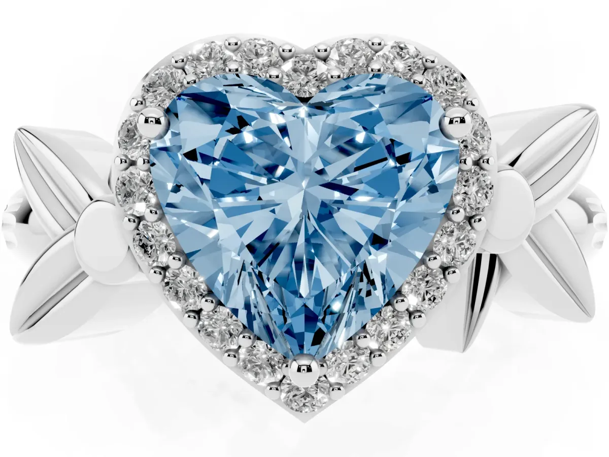Fancy Blue Heart Cut Halo Diamond Floral Band with Four-Prong Setting Silver