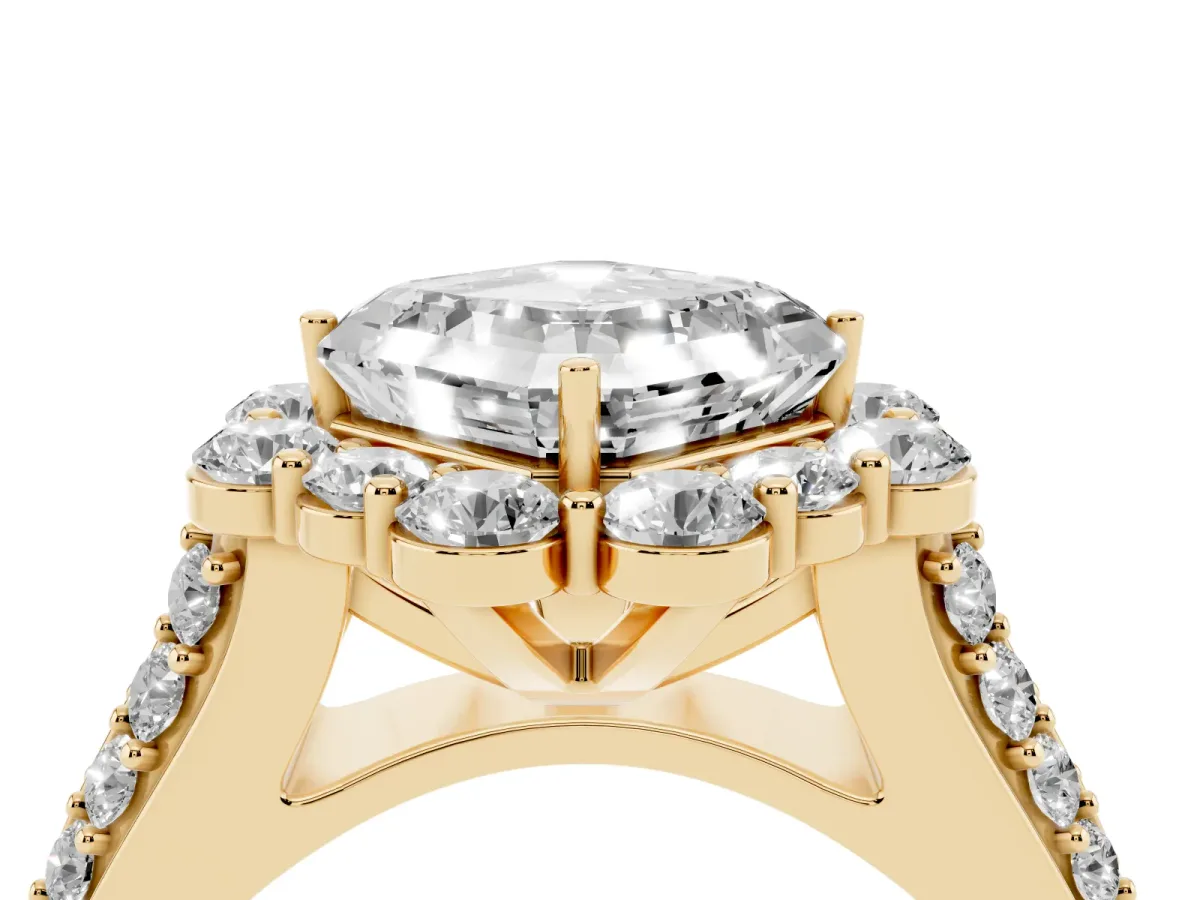 Asscher Cut Halo Diamond Engagement Ring with Split Shank and Prong Setting Yellow gold