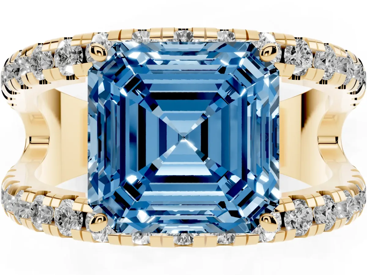 Fancy Blue Asscher Cut Solitaire Split Shank Pave Diamond Ring Yellow gold