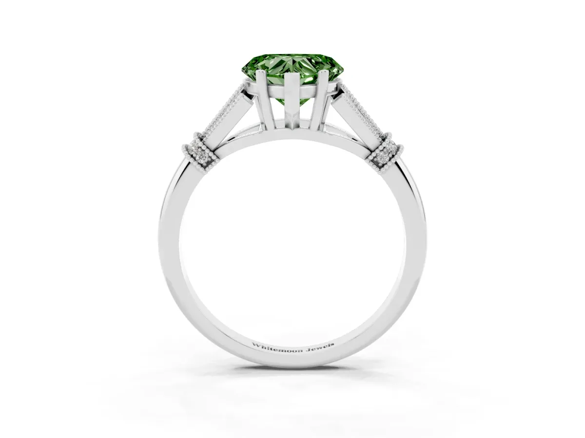Fancy Green Heart Cut Diamond Solitaire Ring with Floral Filigree and Pave Accents Silver