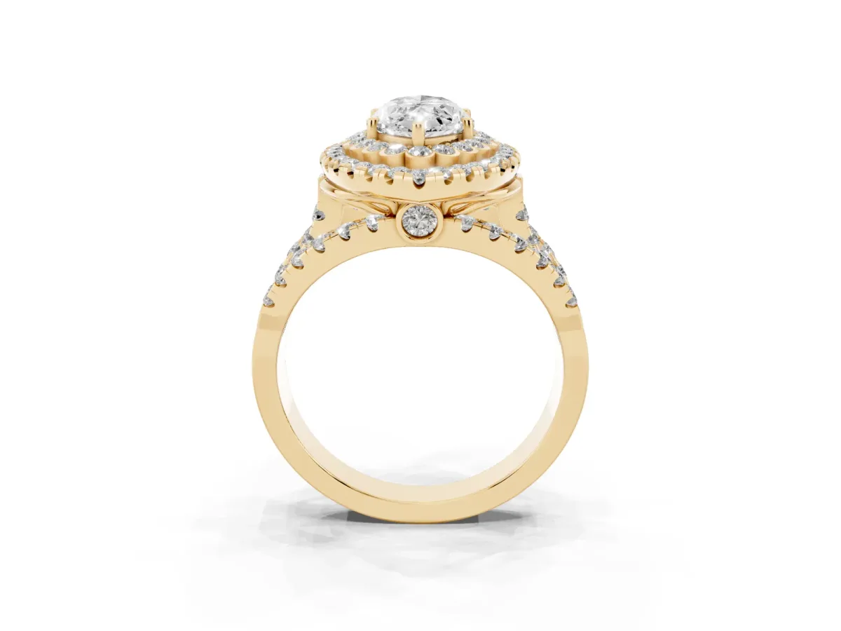 Marquise Cut Diamond Double Halo Ring with Round Pavé Split Shank and Prong Setting Yellow gold