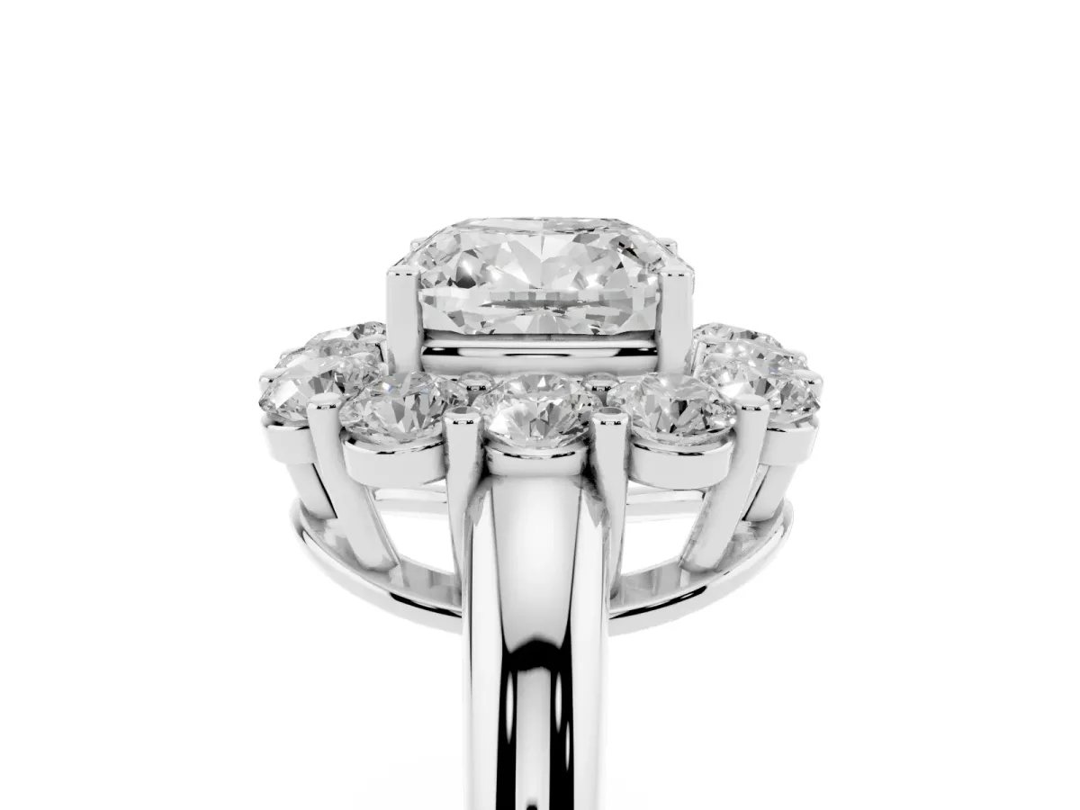 Cushion Cut Halo Cluster Diamond Engagement Ring with Prong Setting and Polished Band Platinum