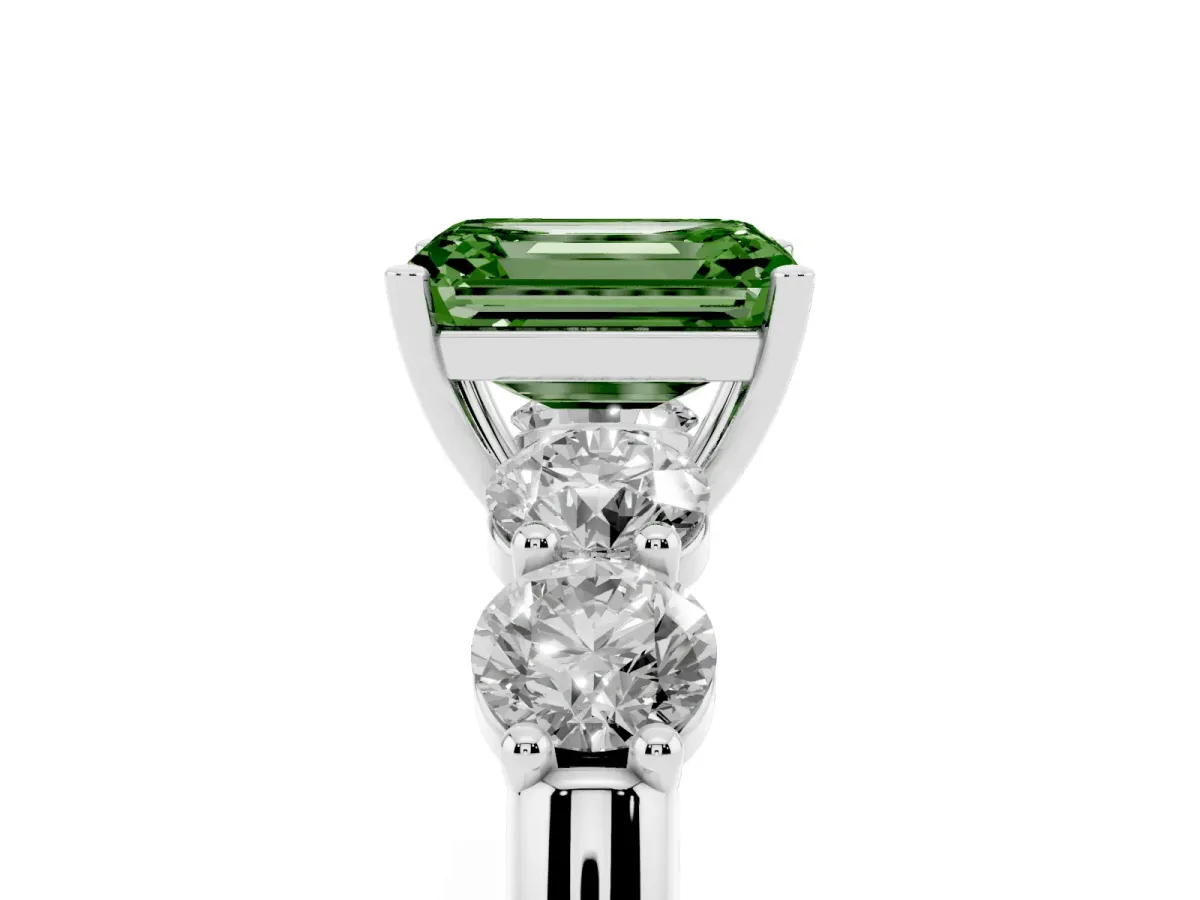 Fancy Green Emerald Cut Cut Five-Stone Prong Set Diamond Ring with Classic Band Silver