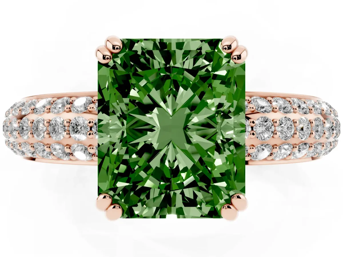Fancy Green Radiant Cut Diamond Solitaire Ring with Multi-Row Round Pavé Band and Prong Setting Rose gold