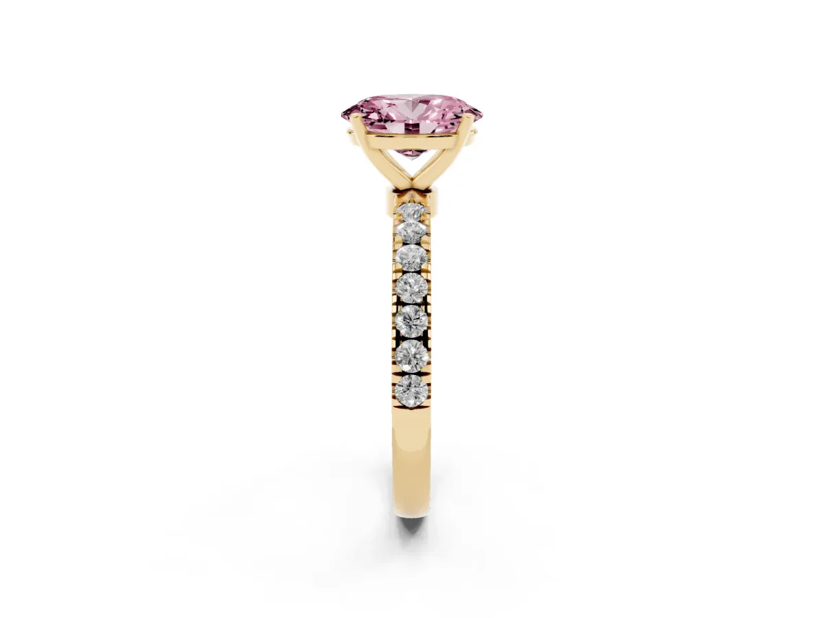 Fancy Pink Oval Cut Diamond Solitaire Ring with Pavé Accents and Four-Prong Setting Yellow gold