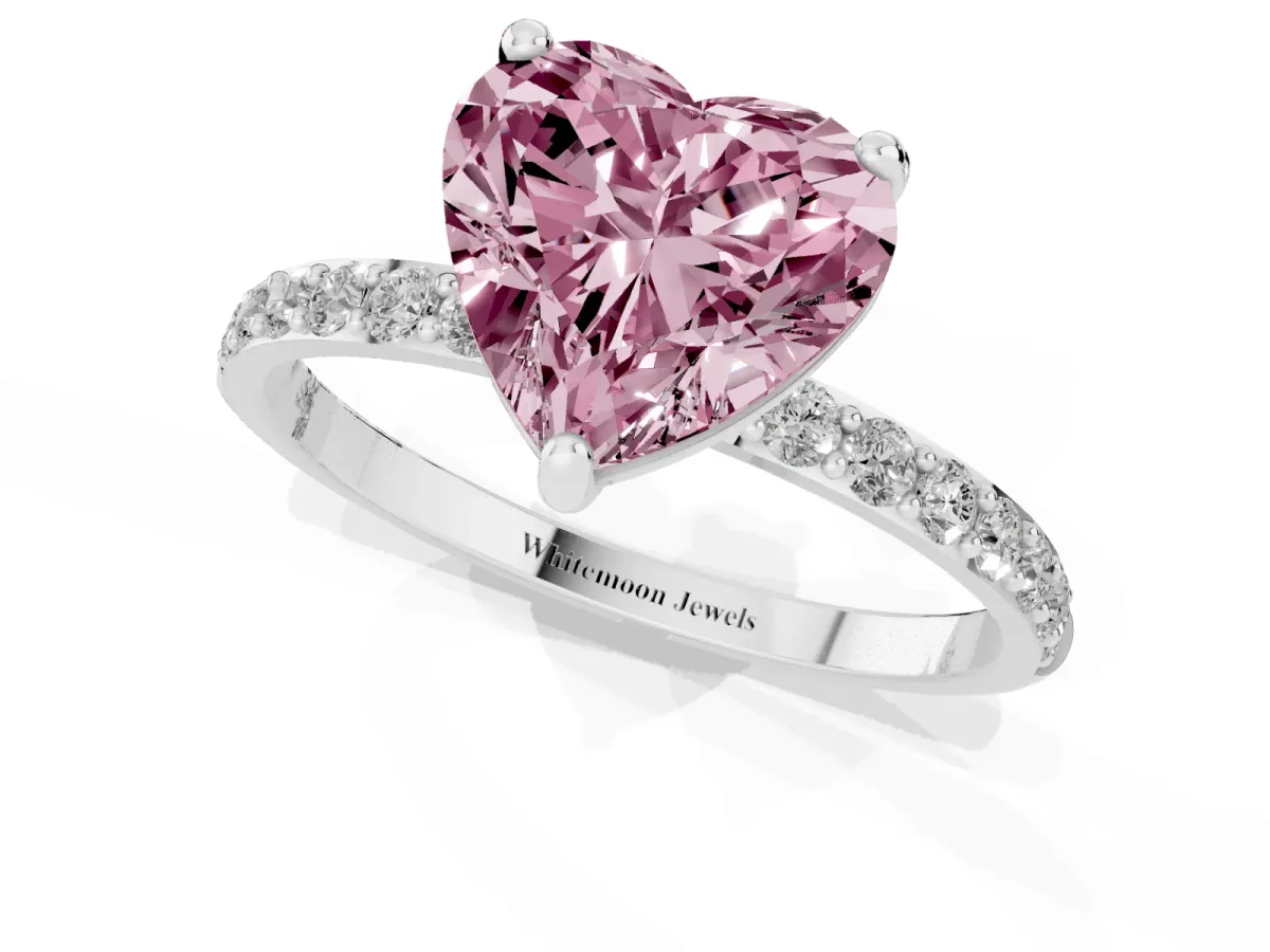 Fancy Pink Heart Cut Diamond Solitaire Ring with Round Pavé Band and Prong Setting Silver
