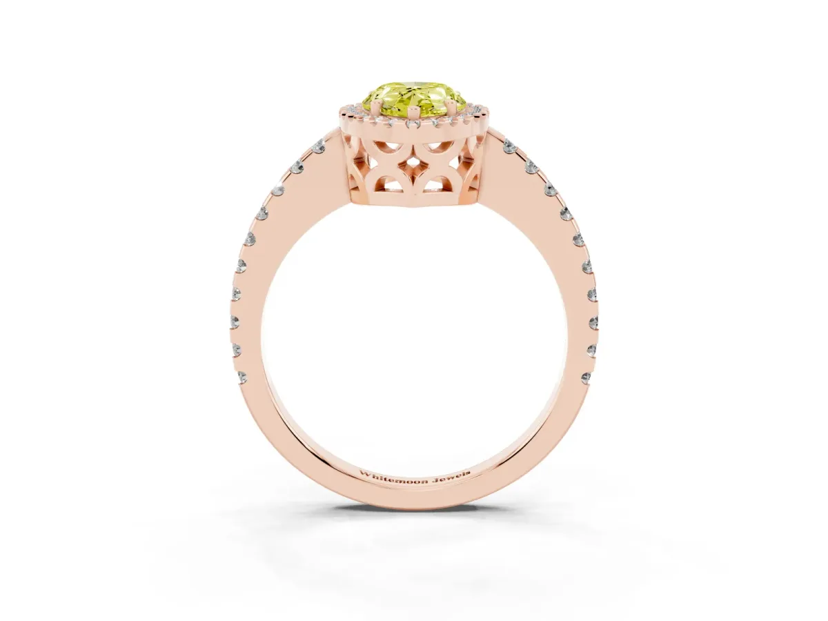 Fancy Yellow Pear Cut Diamond Halo Engagement Ring with Pavé Band and Prong Setting Rose gold