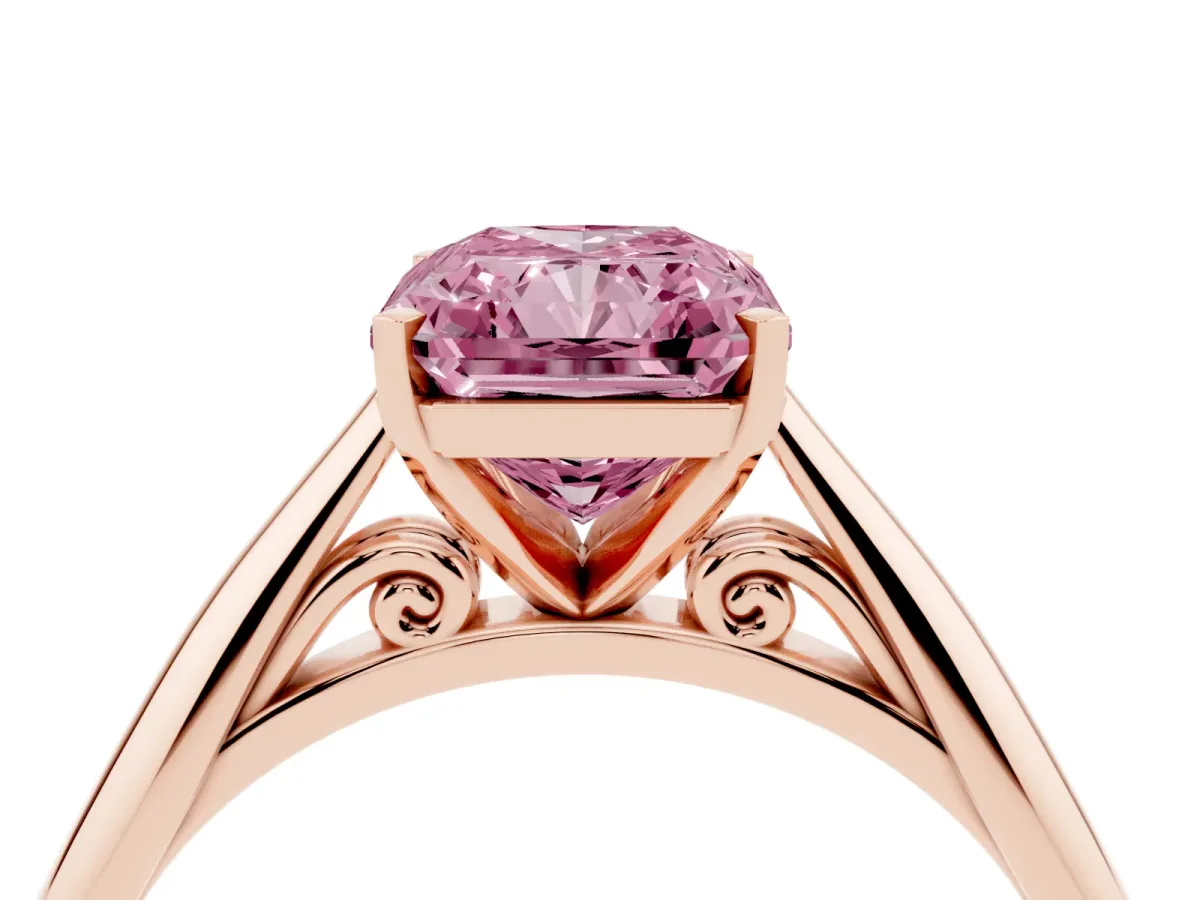 Fancy Pink Radiant Cut Diamond Solitaire Engagement Ring with Cathedral Setting and Four-Prong Mount Rose gold