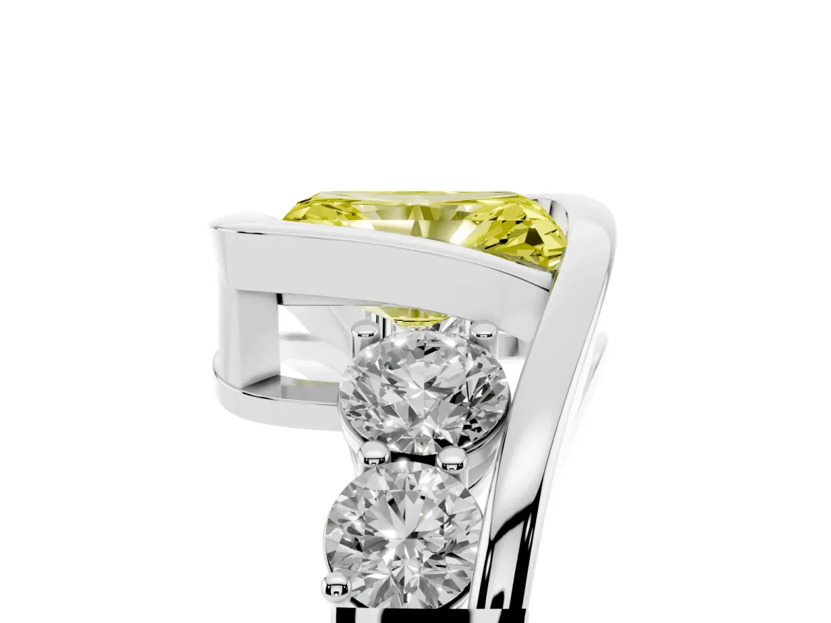 Fancy Yellow Bezel Set Radiant Cut Diamond Bypass Ring with Round Accents Silver