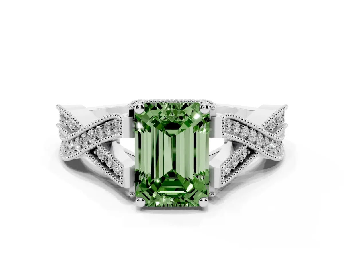Fancy Green Emerald Cut Cut Diamond Twisted Band with Milgrain Pave Setting and Four-Prong Setting Silver