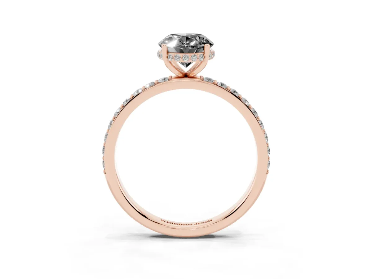Fancy Black Oval Cut Diamond Solitaire Ring with Pavé Band and Hidden Halo Rose gold