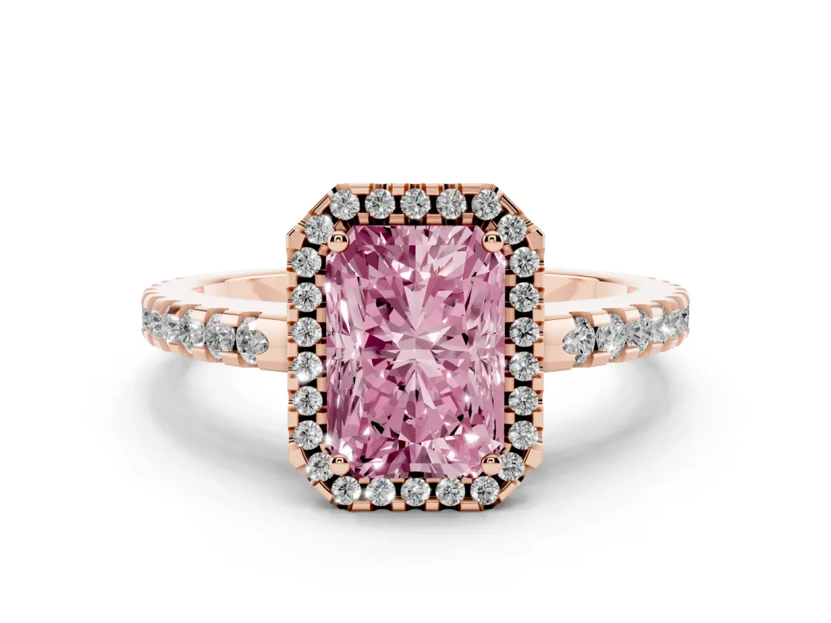 Fancy Pink Radiant Cut Diamond Halo Engagement Ring with Pavé Band and Prong Setting Rose gold