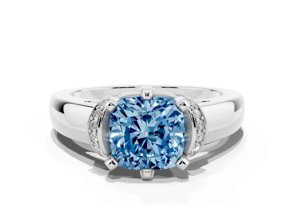 Fancy Blue Cushion Cut Solitaire Diamond Ring with Pave Band and Six-Prong Setting Silver