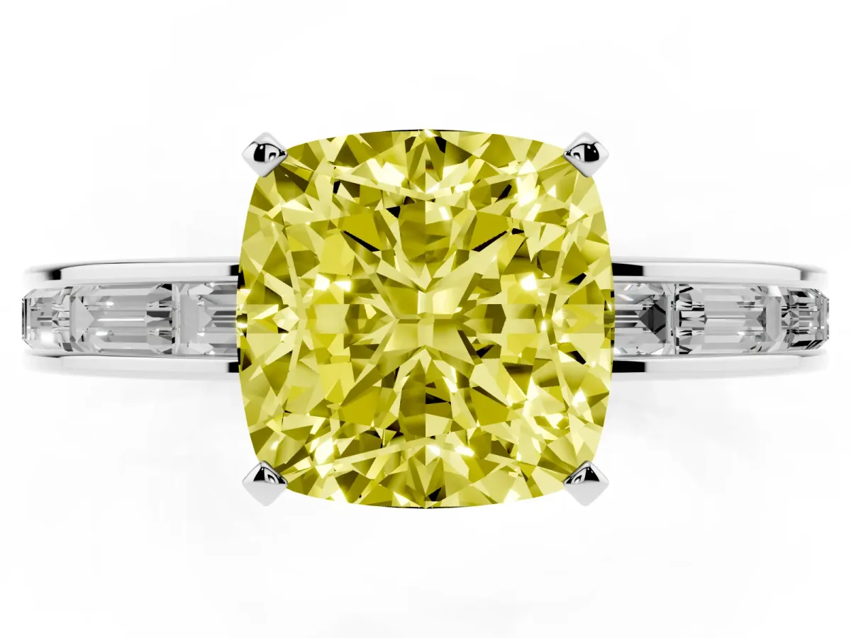 Fancy Yellow Cushion Cut Solitaire Diamond Ring with Channel-Set Baguette Band and Four-Prong Setting Platinum