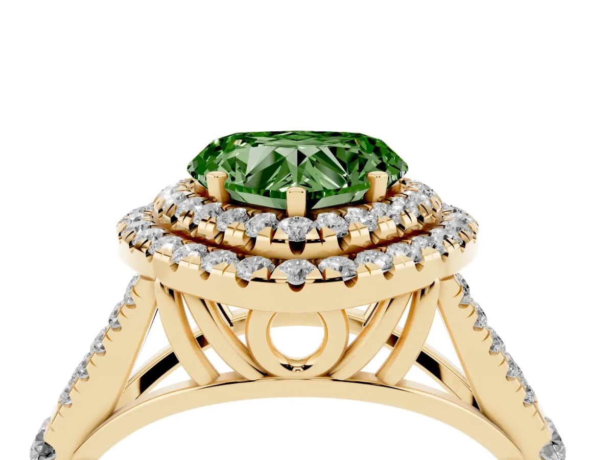 Fancy Green Double Halo Heart Cut Diamond Split Shank Engagement Ring with Four-Prong Setting Yellow gold