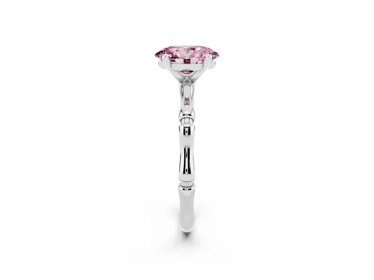Fancy Pink Oval Cut Solitaire Diamond Ring with Bamboo Band and Four-Prong Setting Silver