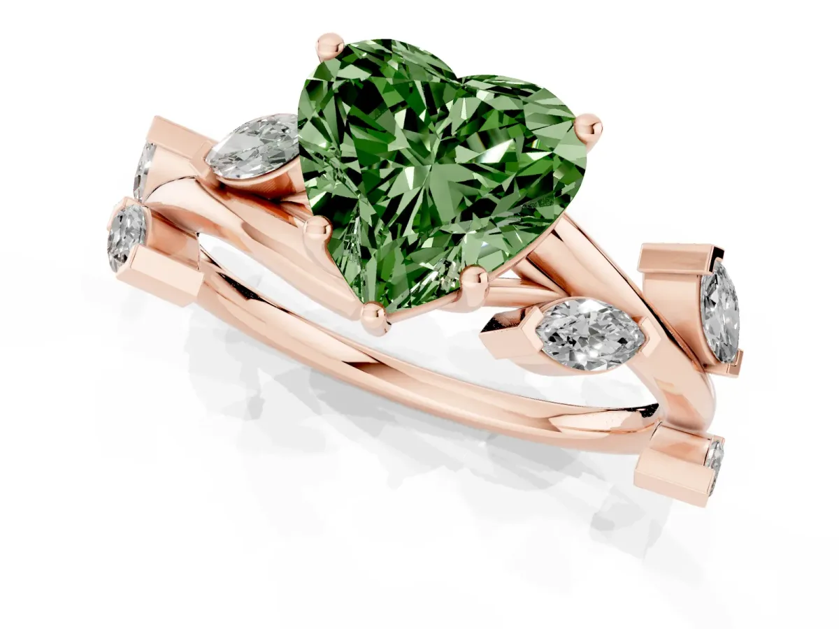 Fancy Green Heart Cut Solitaire Twisted Band Marquise Accent Prong Setting Ring Rose gold