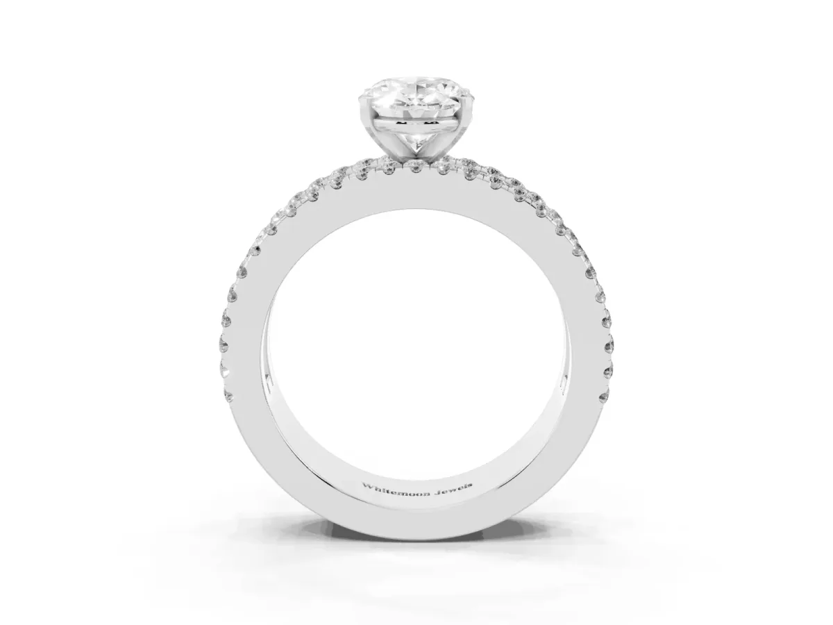 Oval Cut Diamond Solitaire Ring with Pavé and Channel Set Band Silver