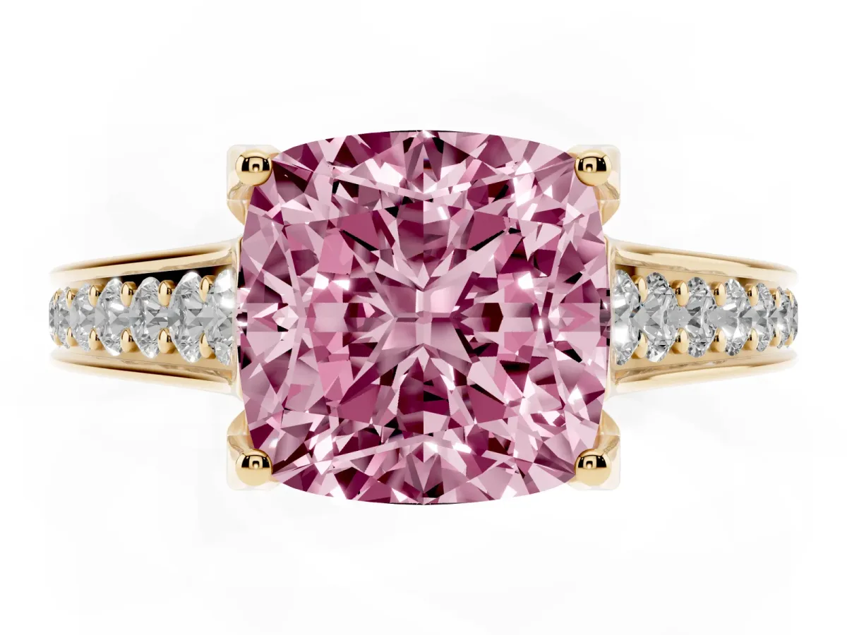Fancy Pink Cushion Cut Brilliant Cut Diamond Engagement Ring with Pavé Band and Four-Prong Setting Yellow gold