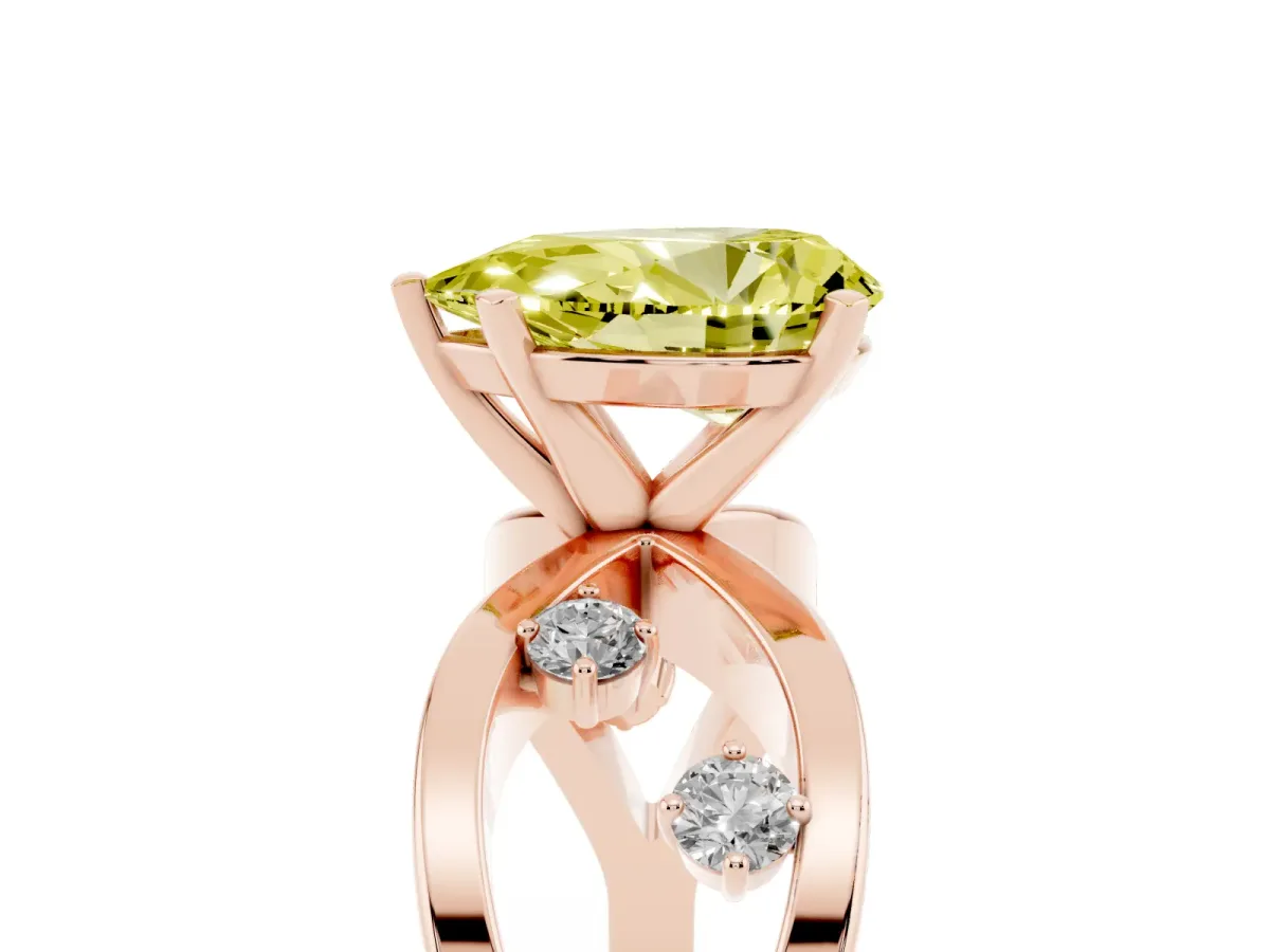 Fancy Yellow Pear Cut Cut Solitaire Diamond with Side Stones on Criss-Cross Band and Four-Prong Setting Rose gold
