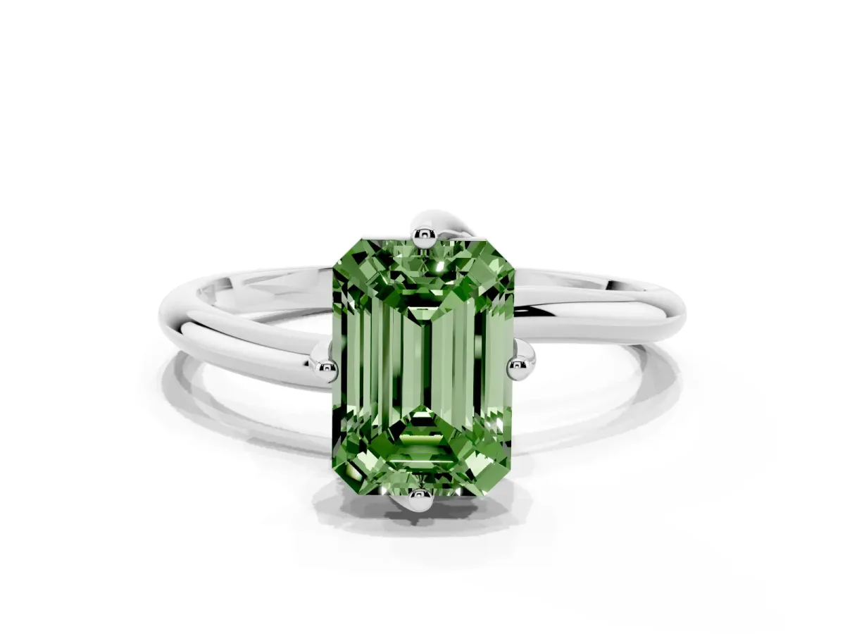 Fancy Green Emerald Cut Diamond Solitaire Engagement Ring with Four-Prong Setting and Classic Band Platinum