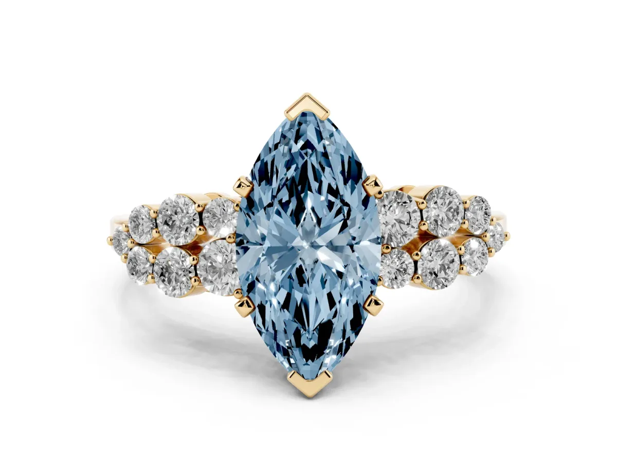 Fancy Blue Marquise Cut Cluster Diamond Engagement Ring with Pavé Band and Four-Prong Setting Yellow gold