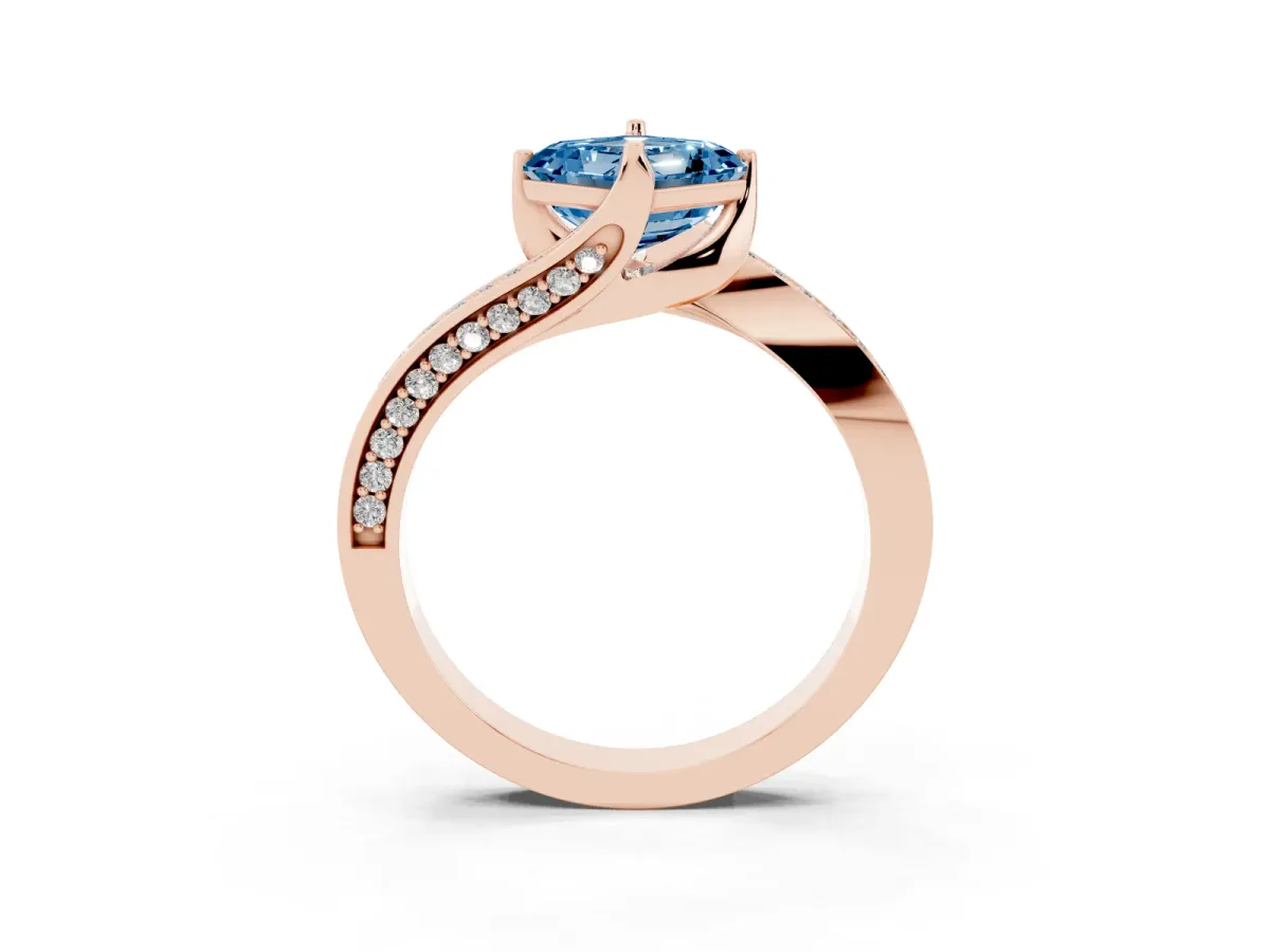 Fancy Blue Asscher Cut Solitaire Diamond Twist Band with Pavé Setting and Four-Prong Setting Rose gold