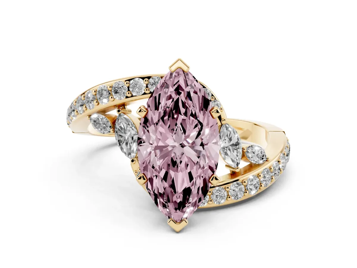 Fancy Pink Marquise Cut Solitaire with Pavé Twist Band and Four-Prong Setting Yellow gold