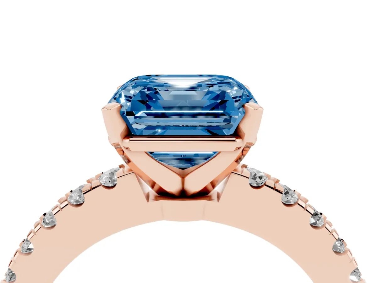 Fancy Blue Asscher Cut Solitaire Diamond with Pavé Band and Four-Prong Setting Rose gold