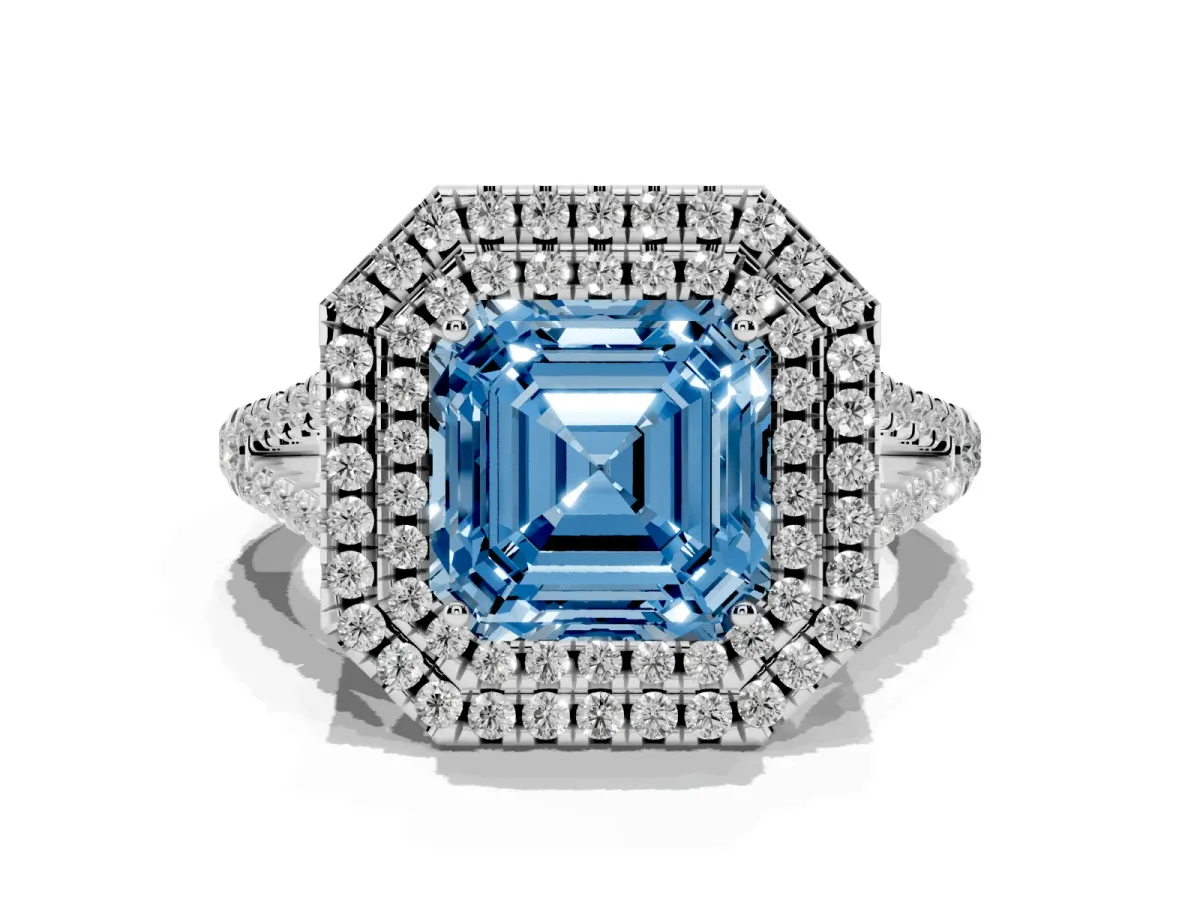 Fancy Blue Asscher Cut Diamond Double Halo Ring with Pavé Band and Prong Setting Platinum