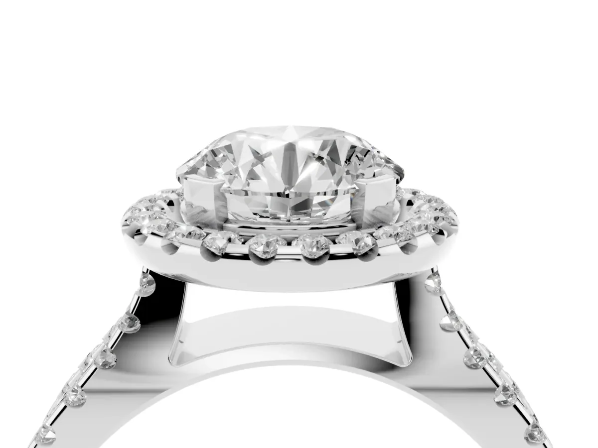 Round Cut Diamond Halo Ring with Split Shank Pavé Band and Prong Setting Platinum