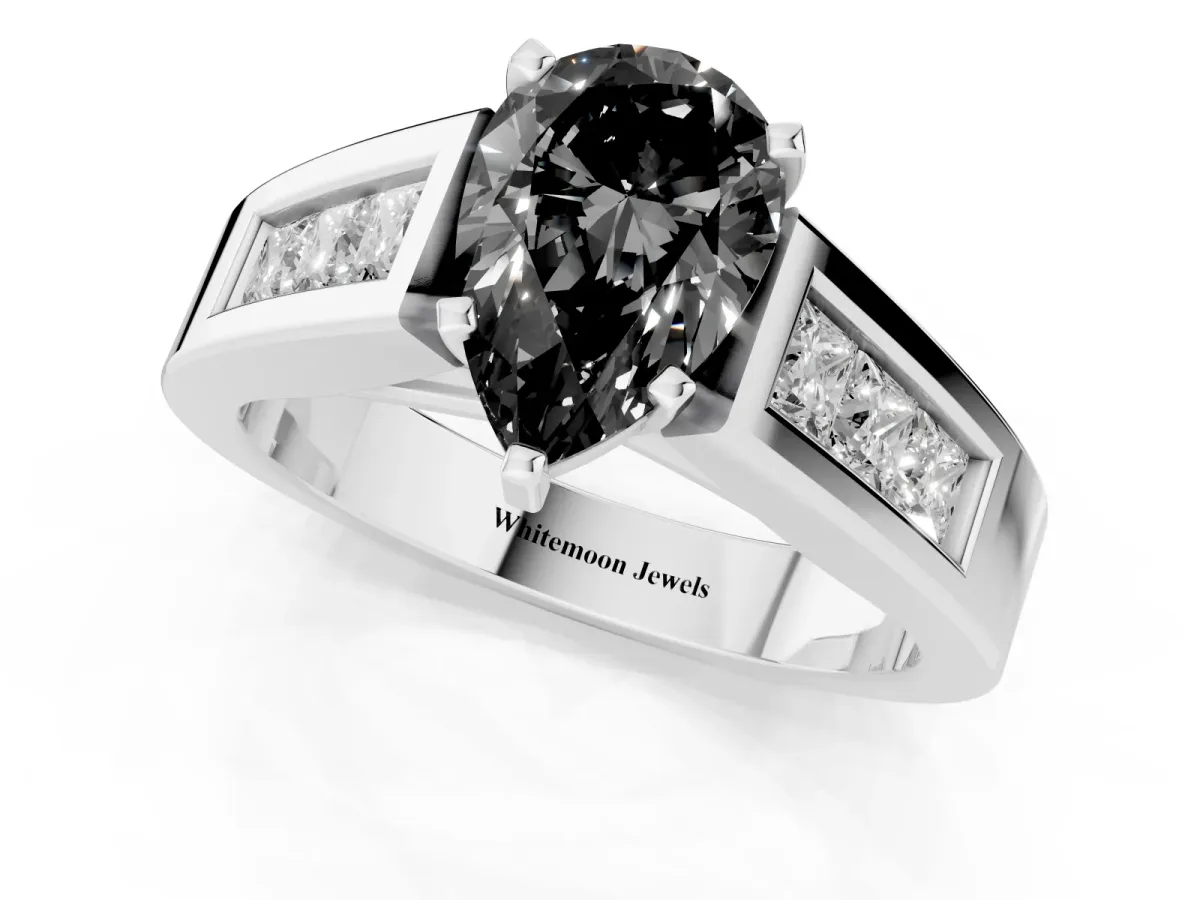 Fancy Black Pear Cut Cut Channel Set Solitaire Ring with Four-Prong Setting Silver