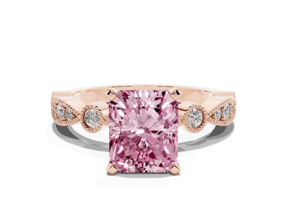 Fancy Pink Radiant Cut Milgrain Bezel Diamond Engagement Ring with Solitaire Prong Setting Rose gold