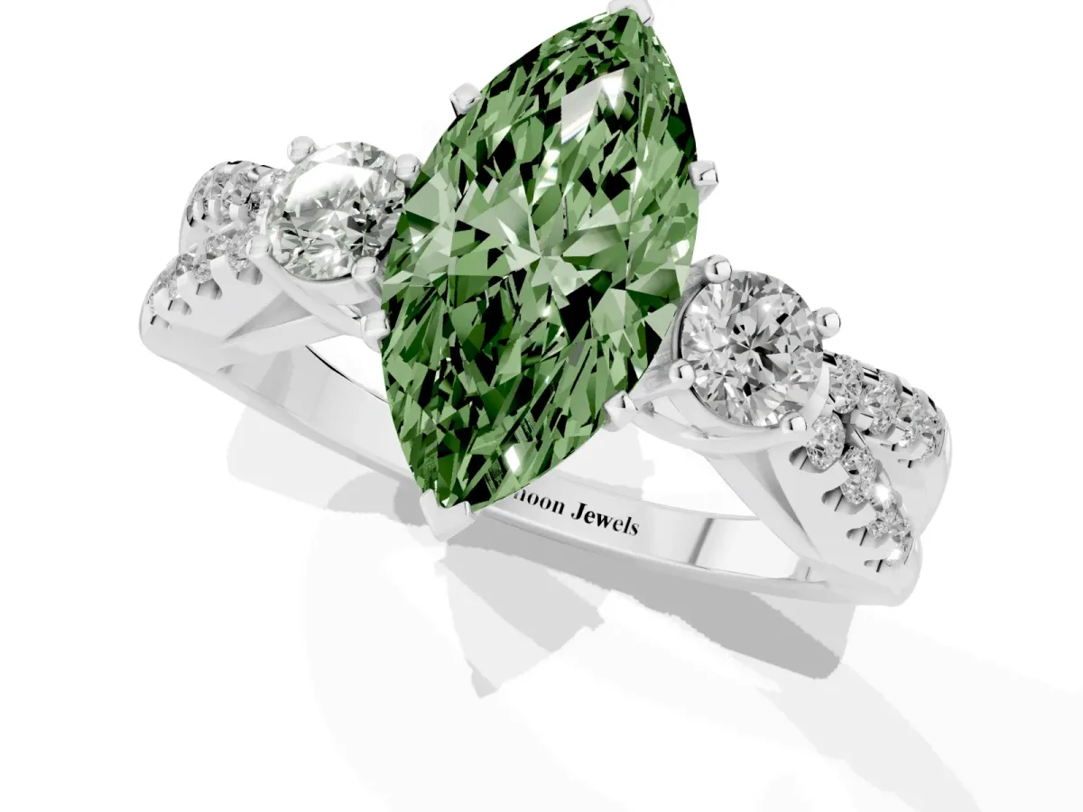 Fancy Green Marquise Cut Diamond Three-Stone Ring with Pavé Split Shank and Four-Prong Setting Silver
