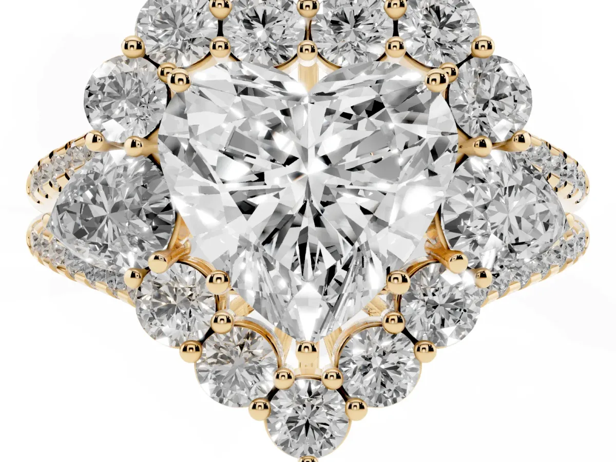 Heart Cut Halo Split Shank Diamond Engagement Ring with Prong Setting Yellow gold