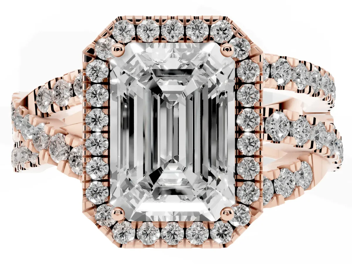 Emerald Cut Diamond Halo Ring with Round Split Shank and Prong Setting Rose gold