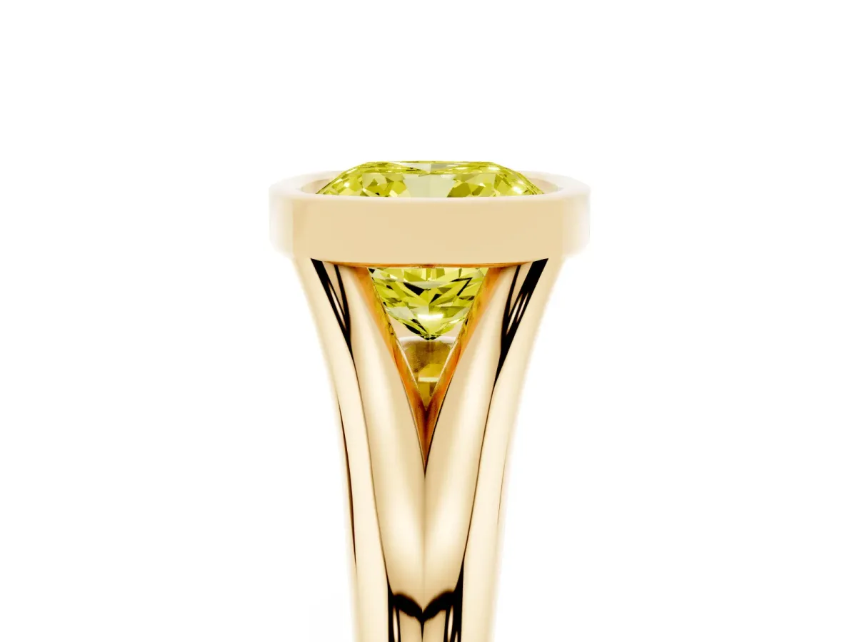 Fancy Yellow Bezel Set Cushion Cut Solitaire Diamond Ring with Smooth Band Yellow gold