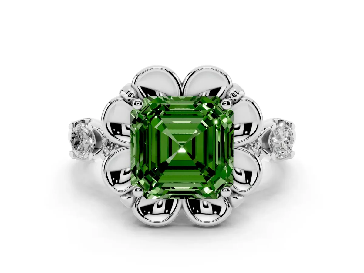 Fancy Green Asscher Cut Cut Diamond Floral Halo Engagement Ring with Shared Prong Setting Silver