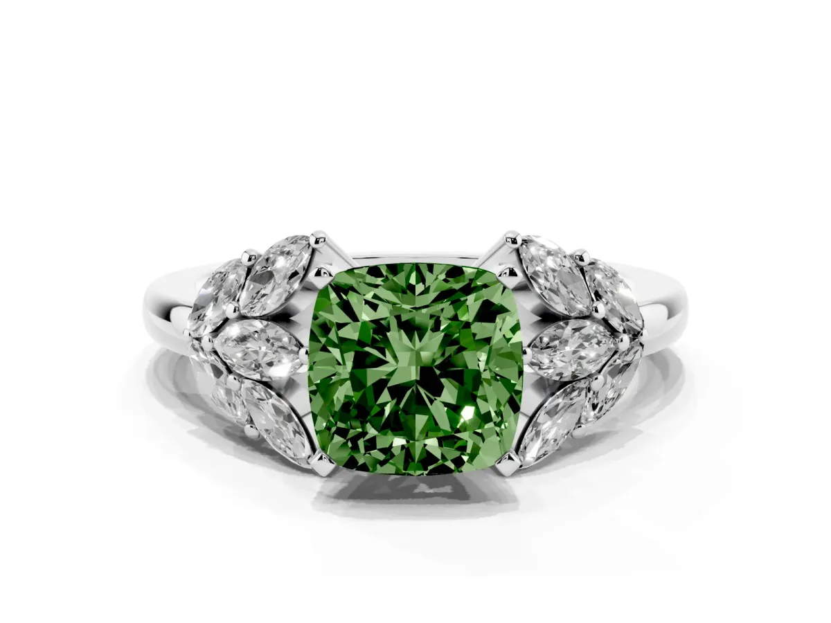 Fancy Green Cushion Cut Diamond Cluster Leaf Design Ring with Prong Setting Platinum