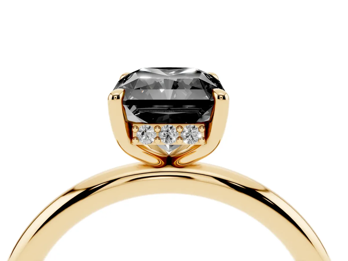 Fancy Black Radiant Cut Diamond Solitaire Ring with Thin Band and Four-Prong Setting Yellow gold