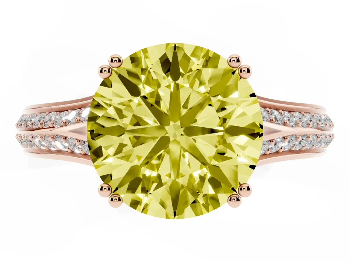 Fancy Yellow Round Cut Diamond Split Shank Engagement Ring with Pavé Band Rose gold